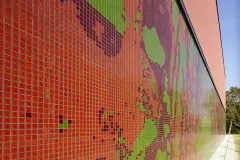Sports hall, Rüsselsheim, Germany - StoTherm Classic Facade Insulation System, Vivid red Mosaic tiles Bright colours Intense radiant colors