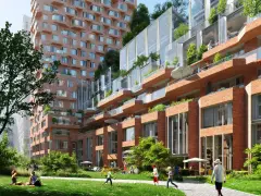 Green, lively inner courtyard of the ‘De Puls’ building complex in Amsterdam