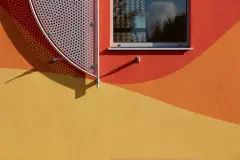 vivid colours, SIr Peter Cook, bright orange, deep red, luminous yellow, coloured render, coloured facade, coloured stucco, coloured plaster, colour in architecture, bright colours