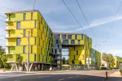 vivid colours, luminous colour, radiant colours, coloured render, bright yellow, bright green, coloured facade