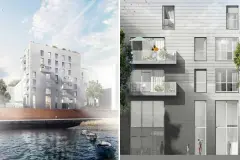 Rendering collage of the new sports centre in Hamburg with light grey ceramic facade on EWIS from Sto